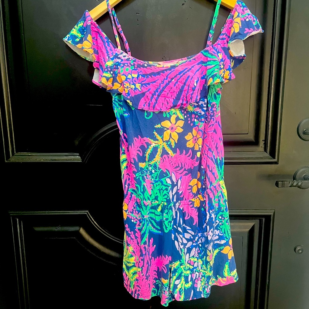 Lilly Pulitzer Off the Shoulder Romper Pink/Green/Blue Small
